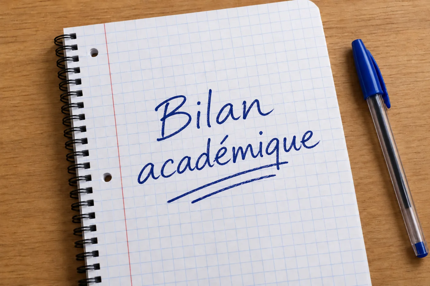 Un cahier à spirale où est écrit au stylo bleu « Bilan académique », à côté d’un stylo.