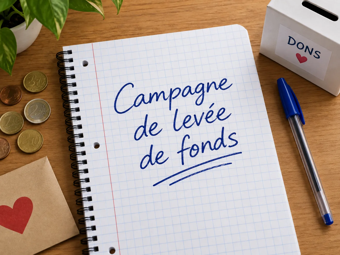 Un cahier où est écrit « Campagne de levée de fonds », entouré de pièces, d’une enveloppe et d’une tirelire « Dons ».
