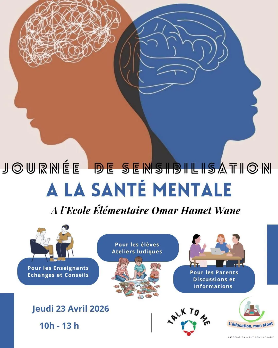 Affiche de la journée de sensibilisation à la santé mentale à l’école élémentaire Oumar Hamet Wane, jeudi 23 avril 2026, de 10 h à 13 h.